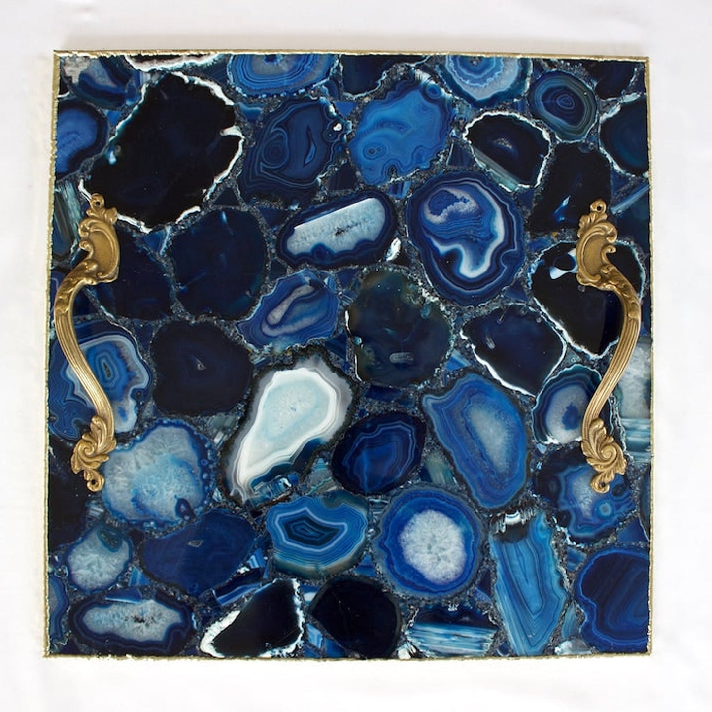 Blue Agate Serving Tray With Brass Handles | Square-1