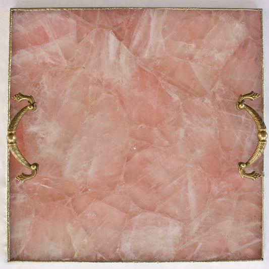 Rose Quartz Agate Serving Tray With Brass Handles | Square-0