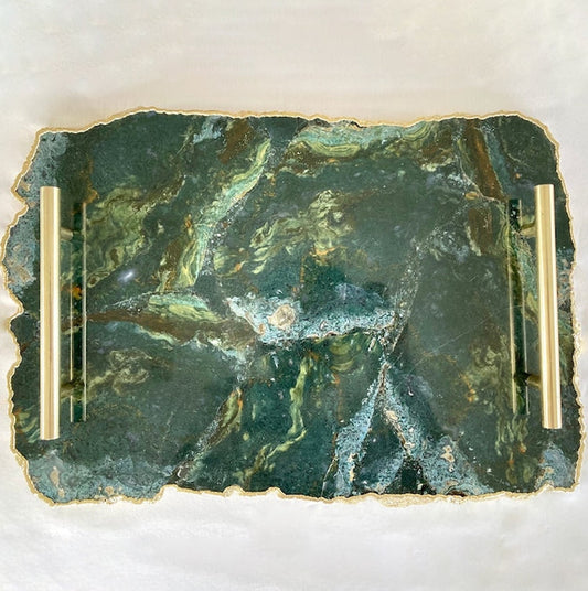 Ekskluzywna Taca do Serwowania z Naturalnego Agatu z Mosiężnymi Uchwytami