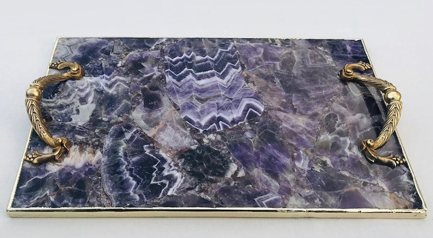 Deska do Serwowania z Ametystowego Agatu z Uchwytami z Mosiądzu