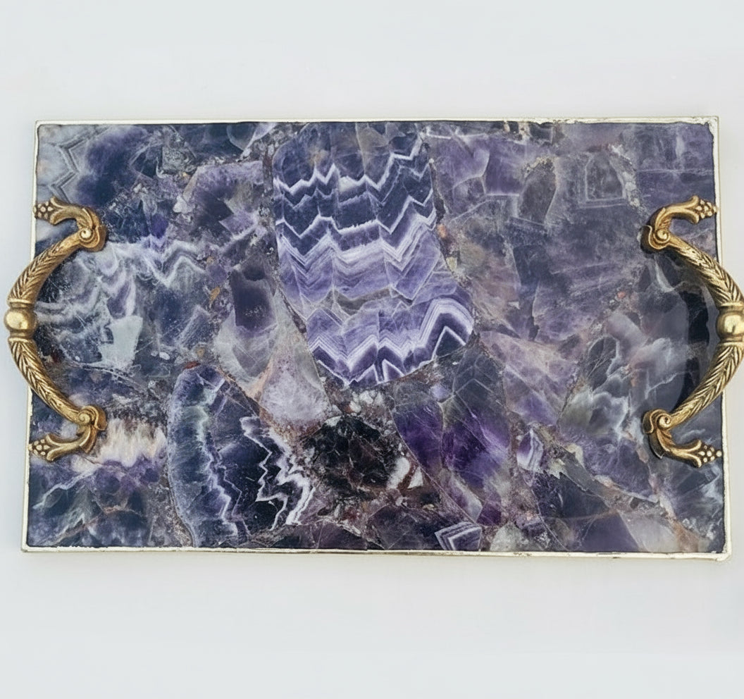 Deska do Serwowania z Ametystowego Agatu z Uchwytami z Mosiądzu