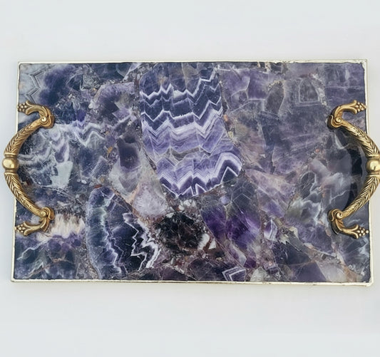 Deska do Serwowania z Ametystowego Agatu z Uchwytami z Mosiądzu