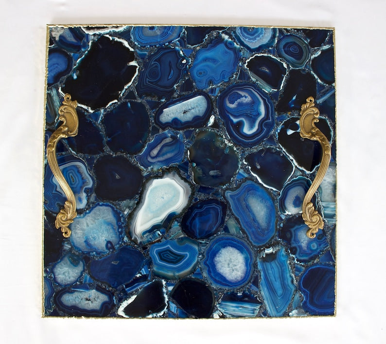 Blue Agate Serving Tray With Brass Handles | Square-0