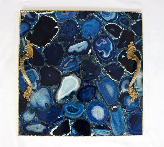 Blue Agate Serving Tray With Brass Handles | Square-0
